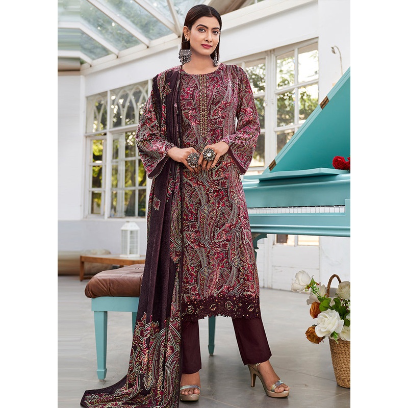 3 Pc Maroon Unstitched Pashmina Suit Set - JD986578810