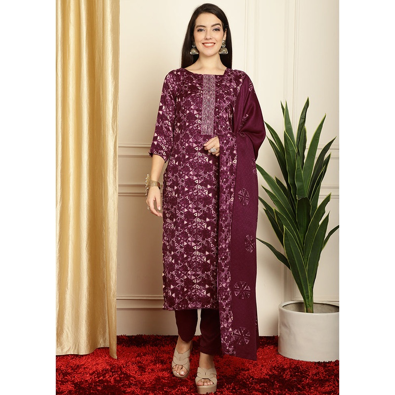 3 Pc Maroon Unstitched Pashmina Suit Set - JD986578811