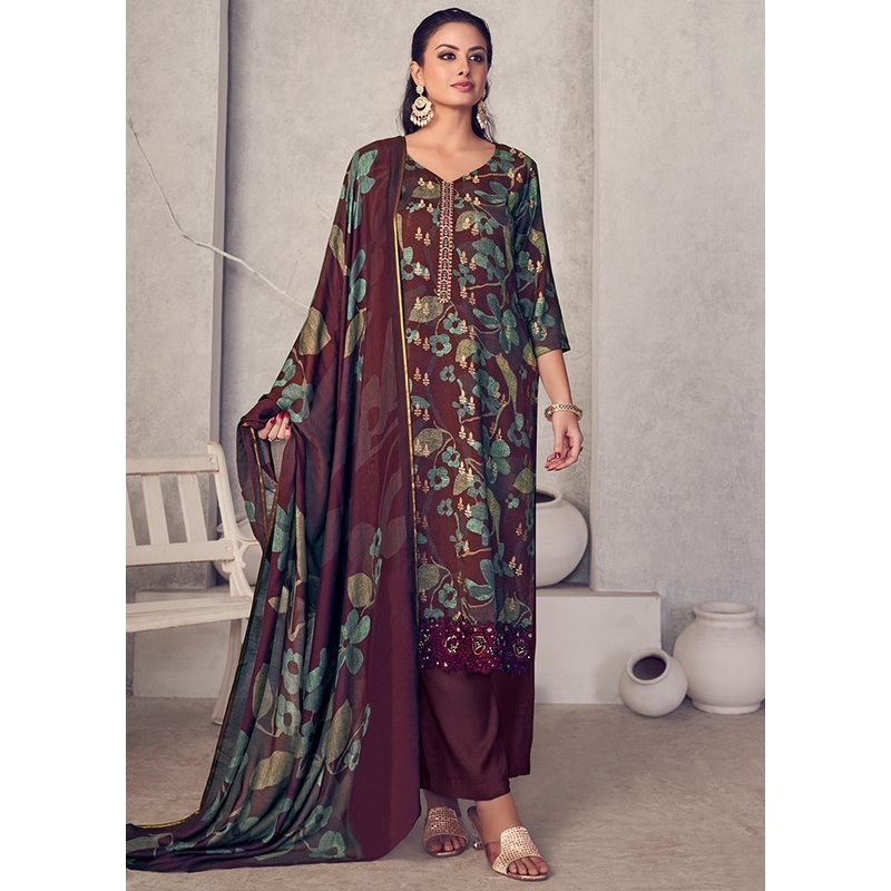 3 Pc Maroon Unstitched Pure Pashmina Suit Set - JD986578808