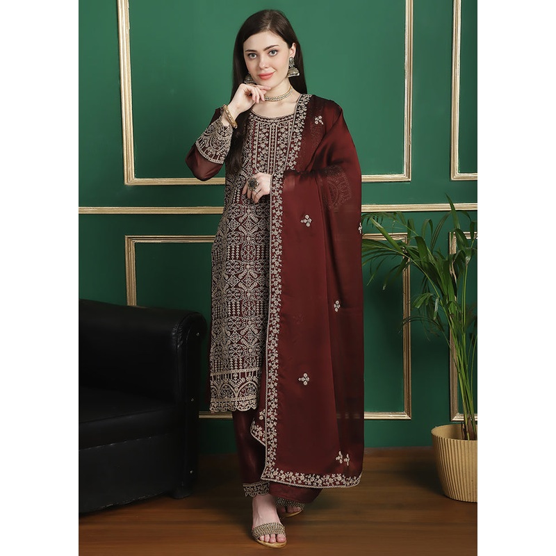3 Pc Maroon Unstitched Santoon Suit Set - JD986578807