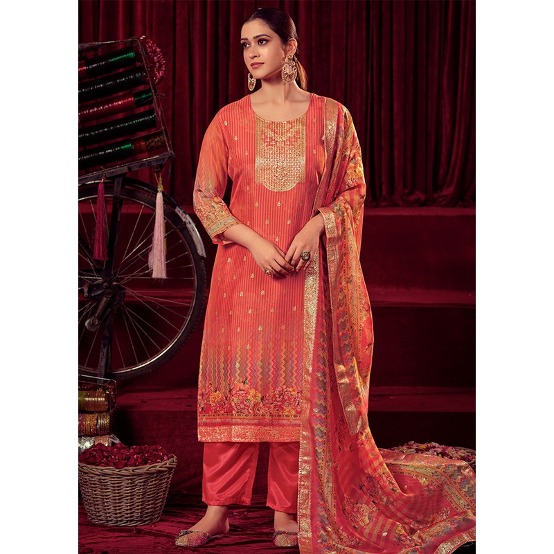3 Pc Orange Unstitched Muslin Suit Set - JD986578796