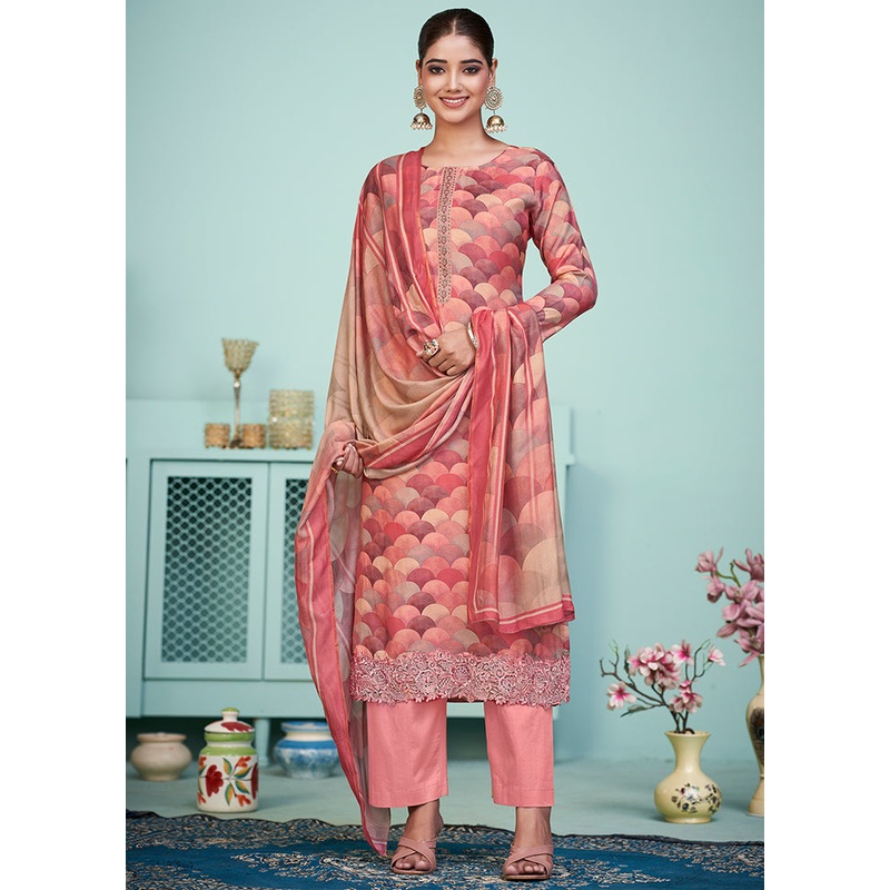 3 Pc Peach Unstitched Muslin Suit Set - JD986578795