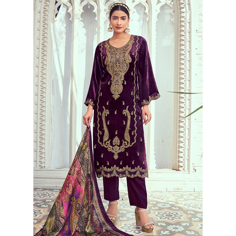 3 Pc Purple Unstitched Pashmina Suit Set - JD986578786