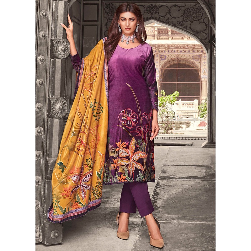 3 Pc Purple Unstitched Pashmina Suit Set - JD986578787
