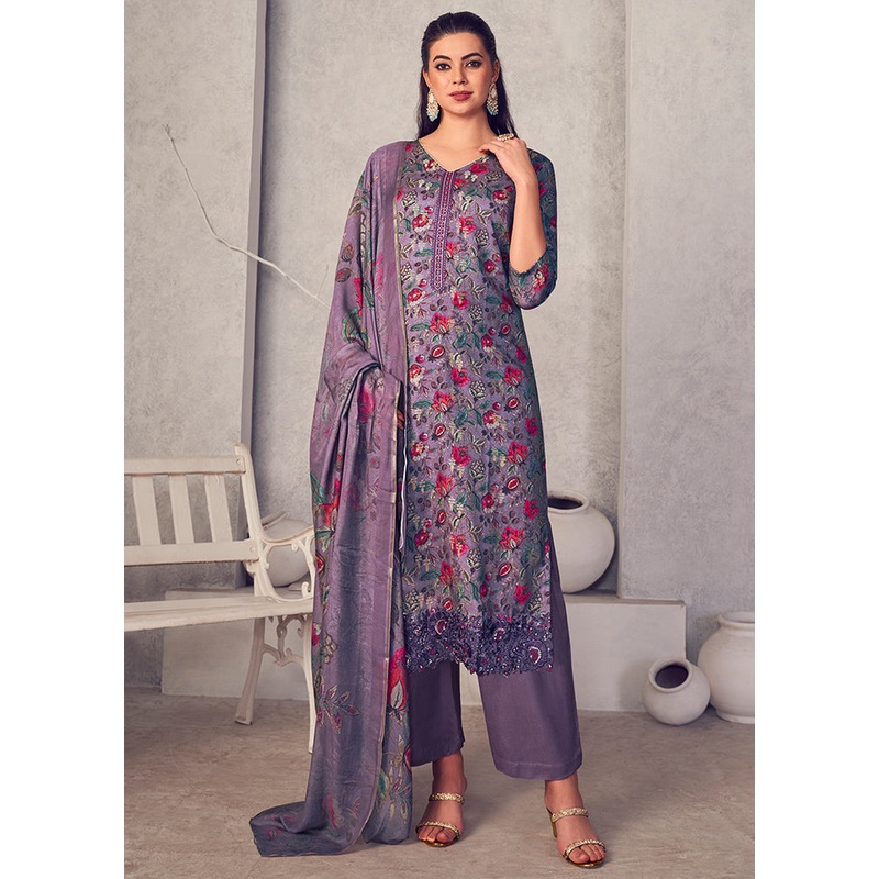 3 Pc Purple Unstitched Pure Pashmina Suit Set - JD986578785