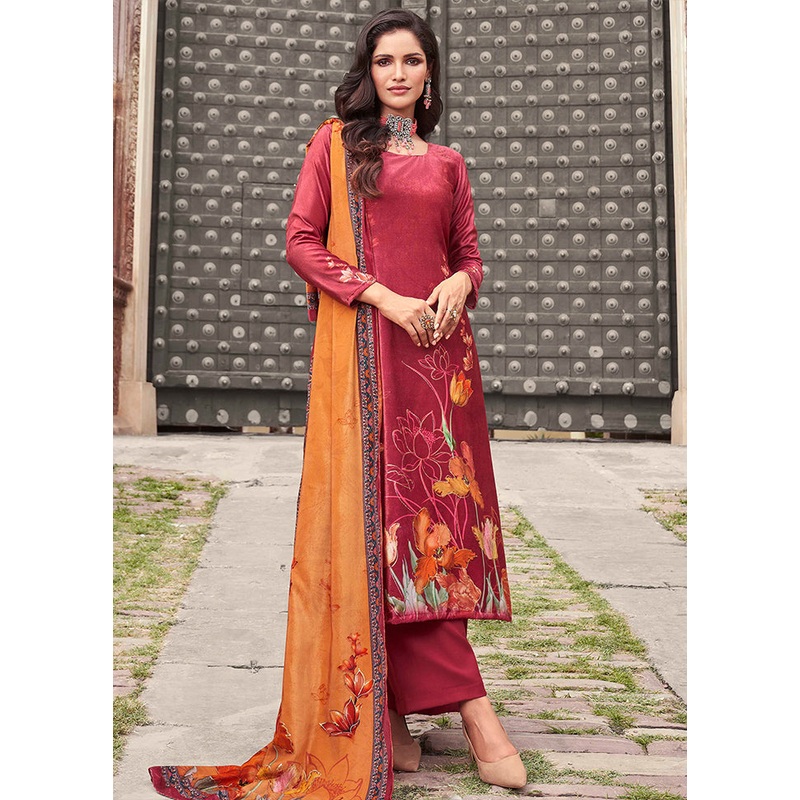 3 Pc Red Unstitched Pashmina Suit Set - JD986578783