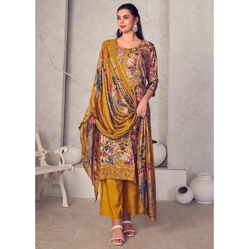 3 Pc Yellow Unstitched Pure Pashmina Suit Set - JD986578780