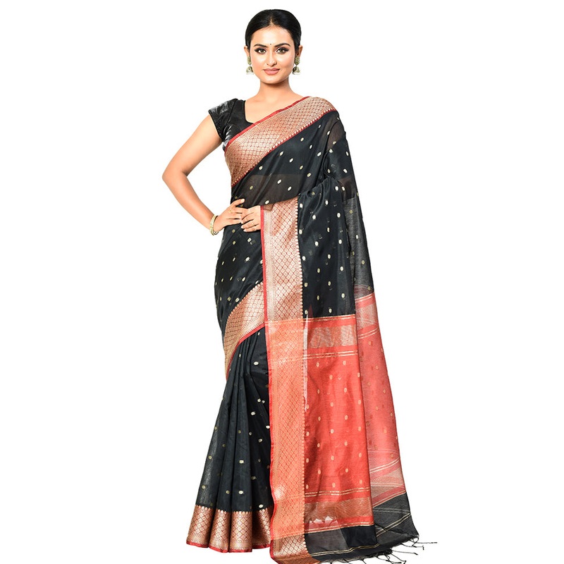 Black Cotton Saree With Blouse Piece - JD986578919