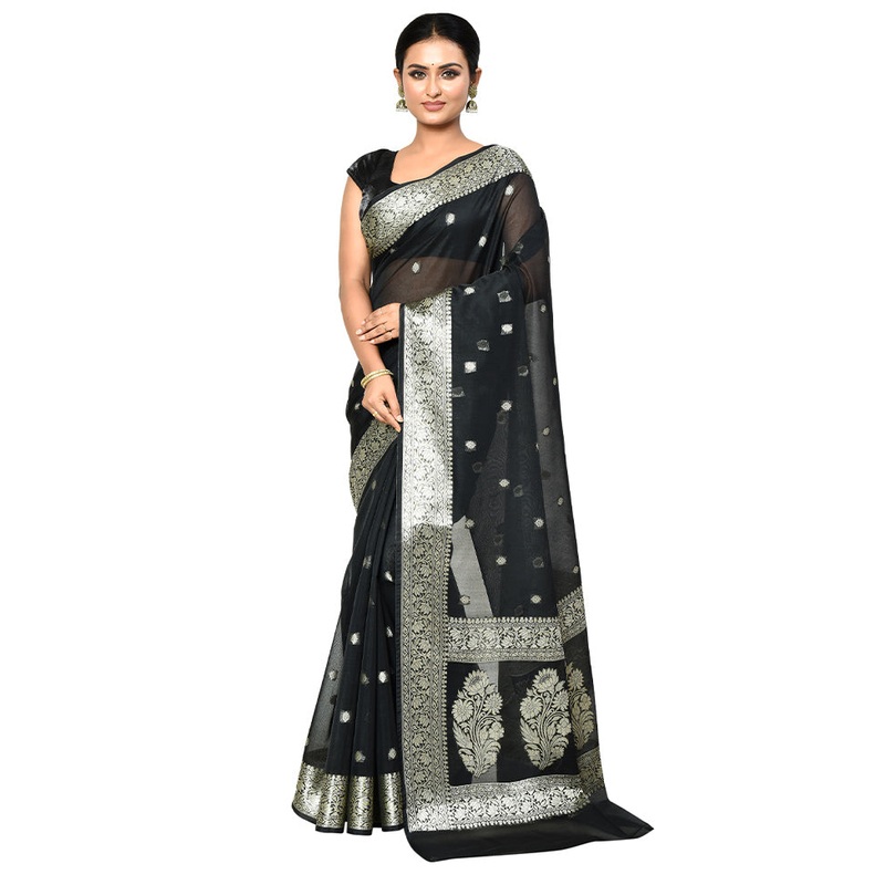 Black Cotton Saree With Blouse Piece - JD986578920