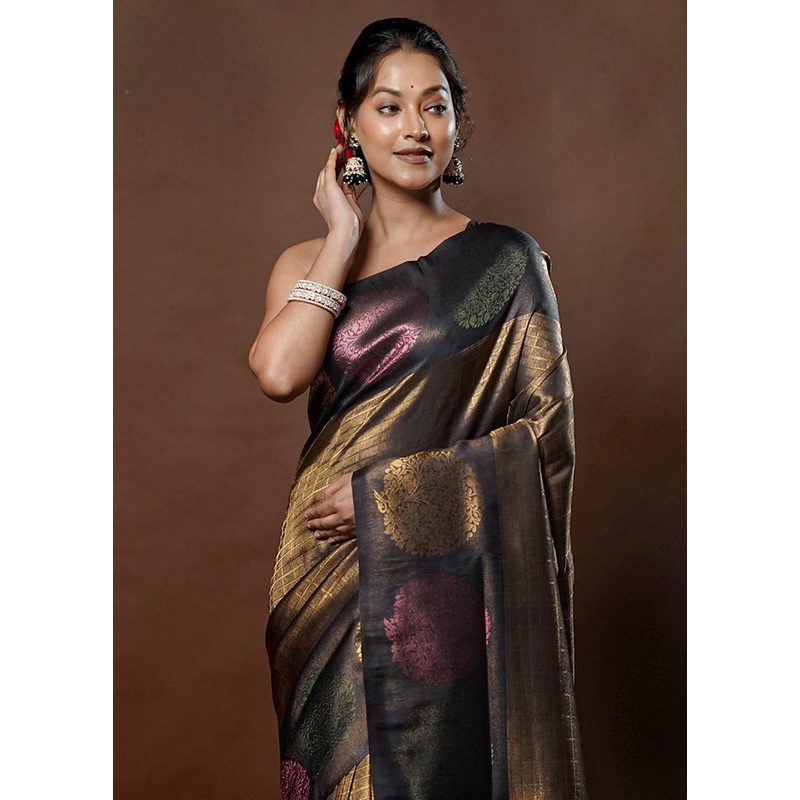 Black Dupion Silk Saree With Blouse Piece - JD986578779