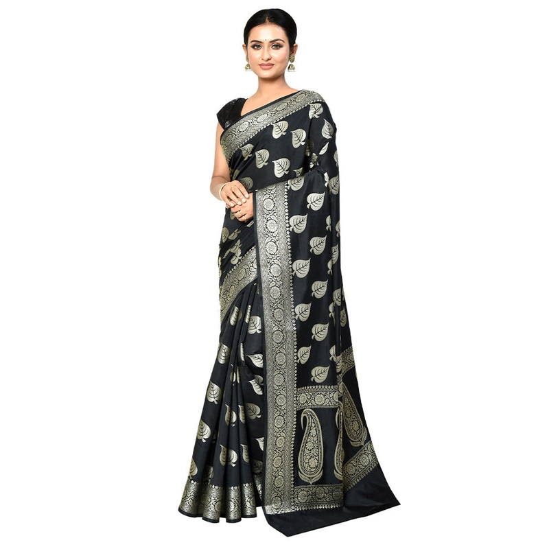 Black Dupion Silk Saree With Blouse Piece - JD986578918