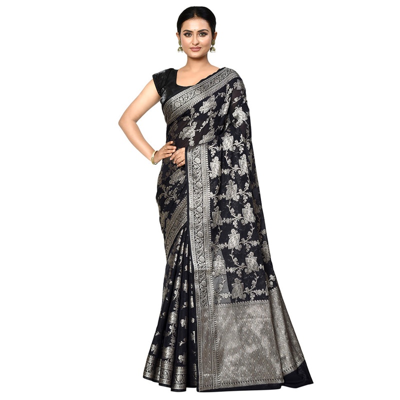 Black Georgette Saree With Blouse Piece - JD986578917