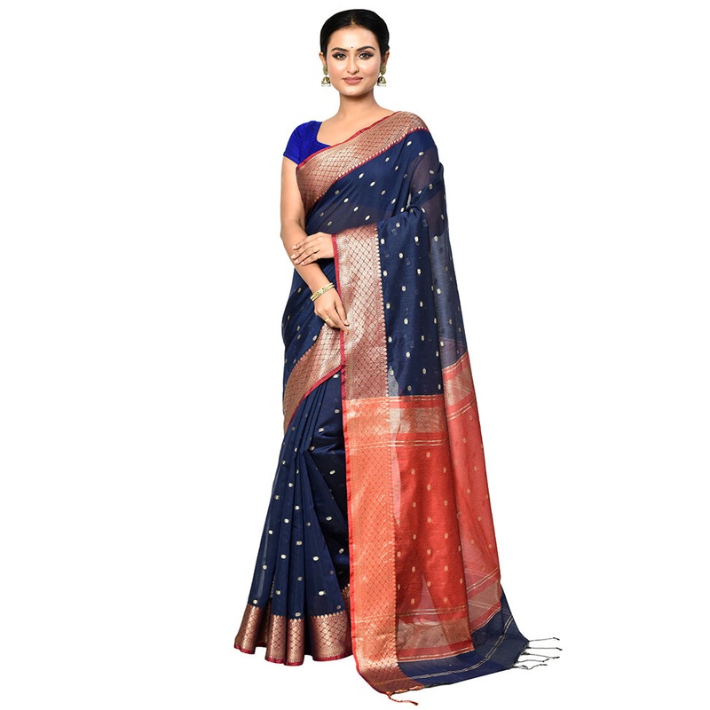 Blue Cotton Saree With Blouse Piece - JD986578912