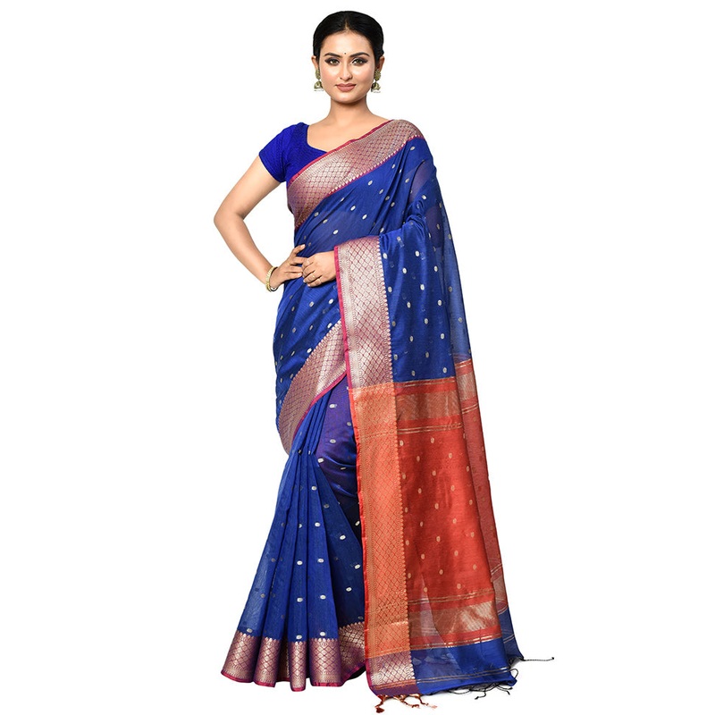 Blue Cotton Saree With Blouse Piece - JD986578913