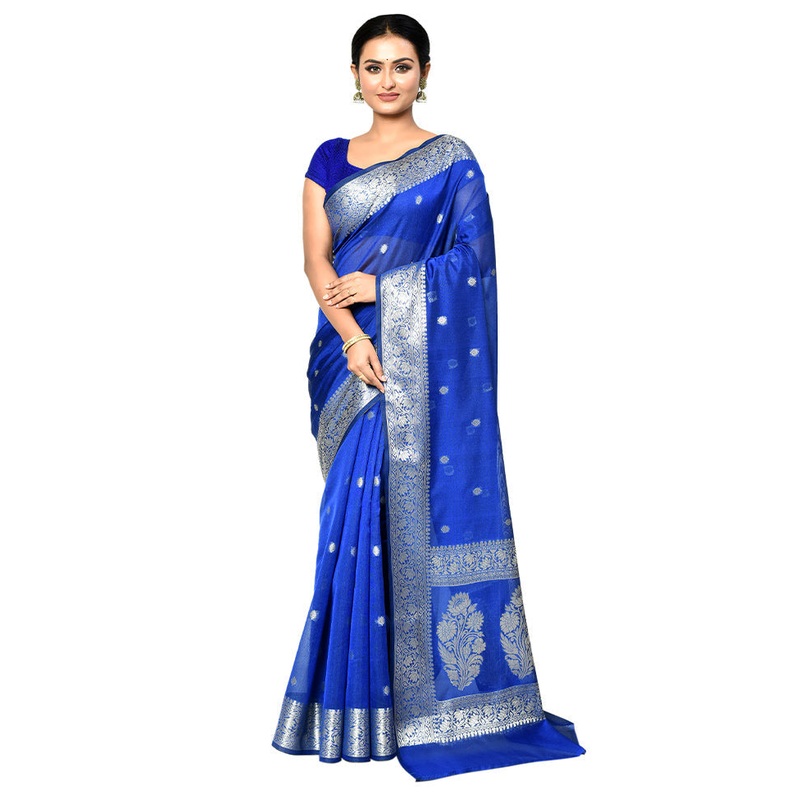 Blue Cotton Saree With Blouse Piece - JD986578914