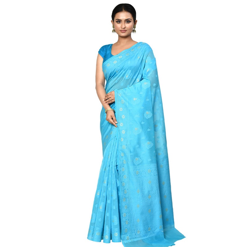 Blue Cotton Saree With Blouse Piece - JD986578915