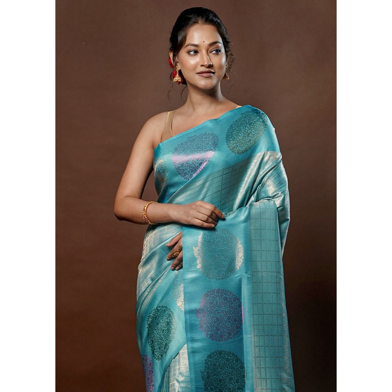 Blue Dupion Silk Saree With Blouse Piece - JD986578776