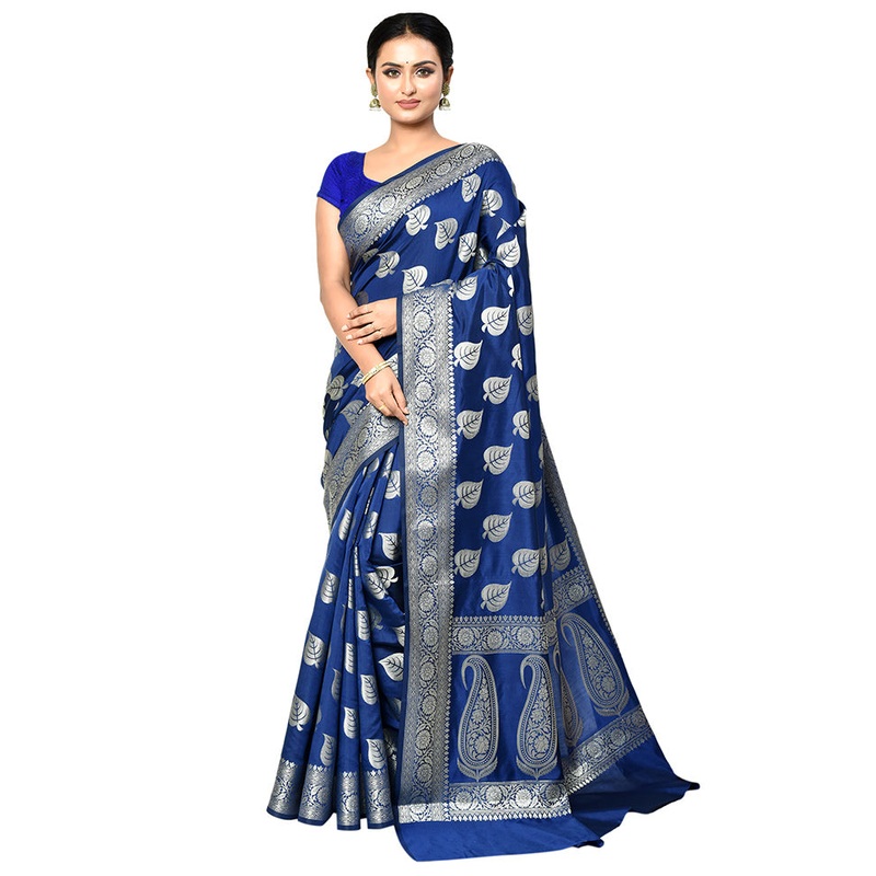 Blue Dupion Silk Saree With Blouse Piece - JD986578911