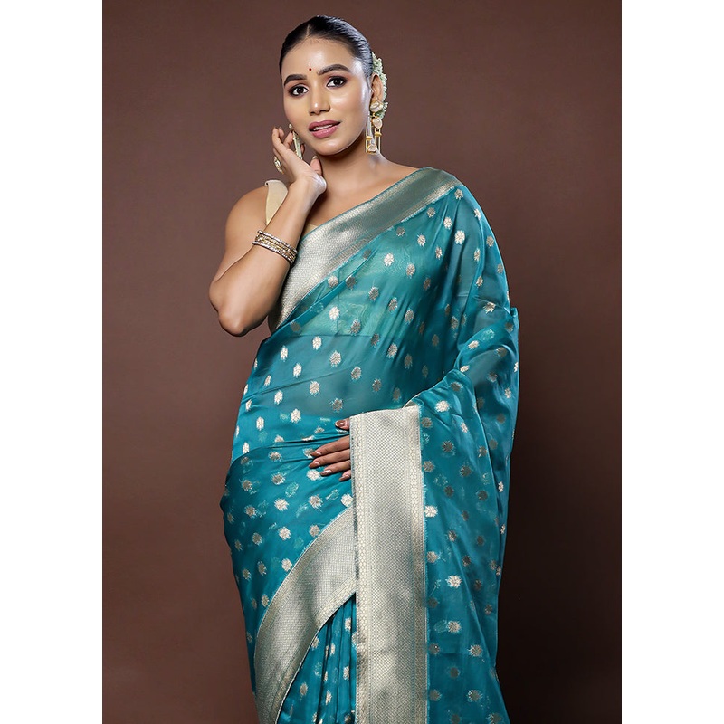 Blue Organza Saree With Blouse Piece - JD986578770