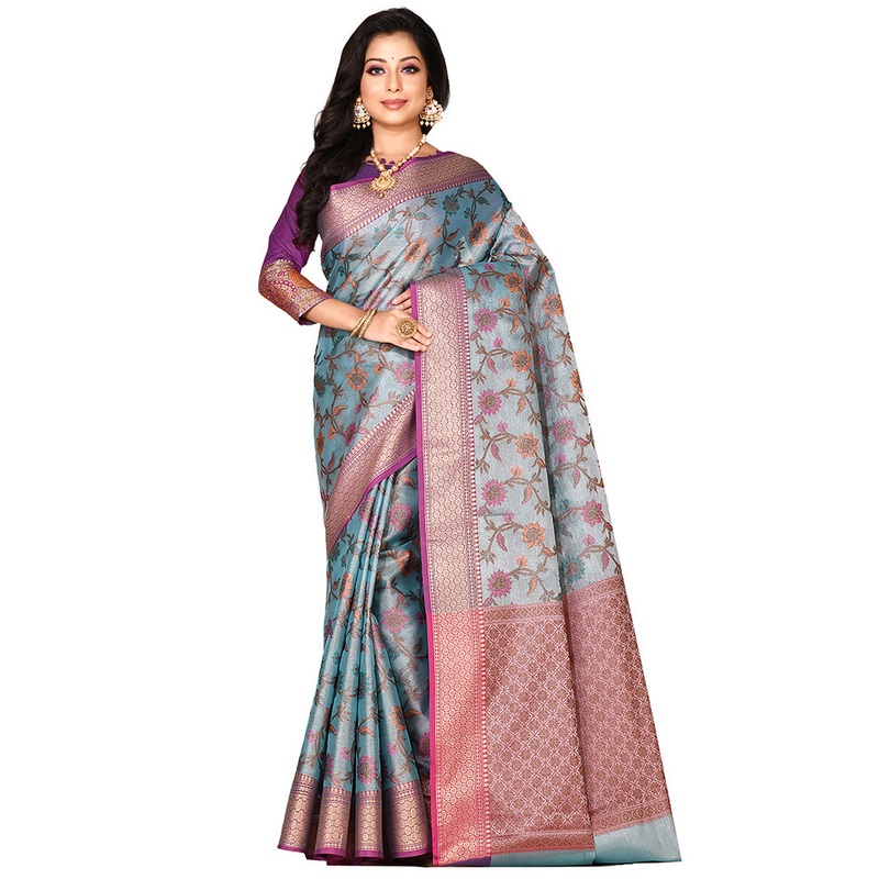 Blue Organza Saree With Blouse Piece - JD986578909