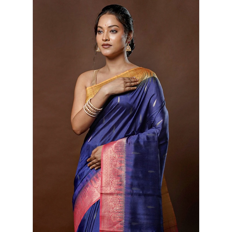 Blue Tussar Silk Saree With Blouse Piece - JD986578775