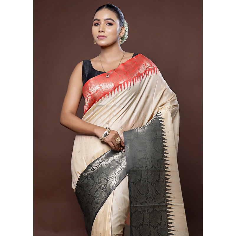 Cream Tussar Silk Saree With Blouse Piece - JD986578774