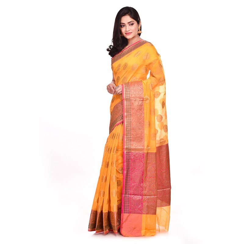 Golden Cotton Saree With Blouse Piece - JD986578896