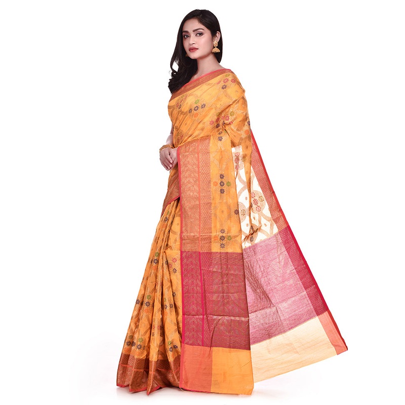 Golden Cotton Saree With Blouse Piece - JD986578897