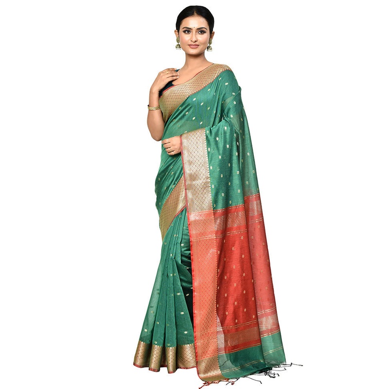 Green Cotton Saree With Blouse Piece - JD986578889