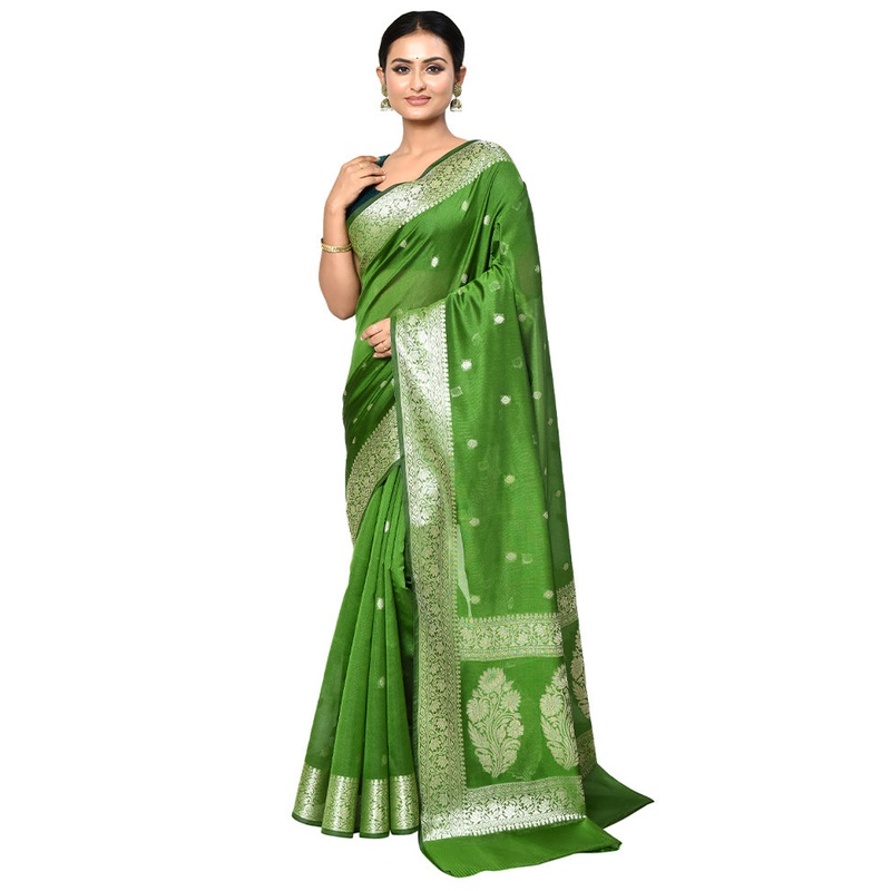 Green Cotton Saree With Blouse Piece - JD986578890