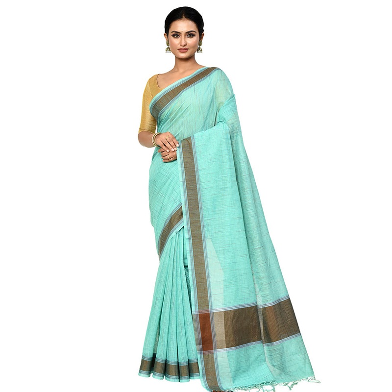 Green Cotton Saree With Blouse Piece - JD986578891