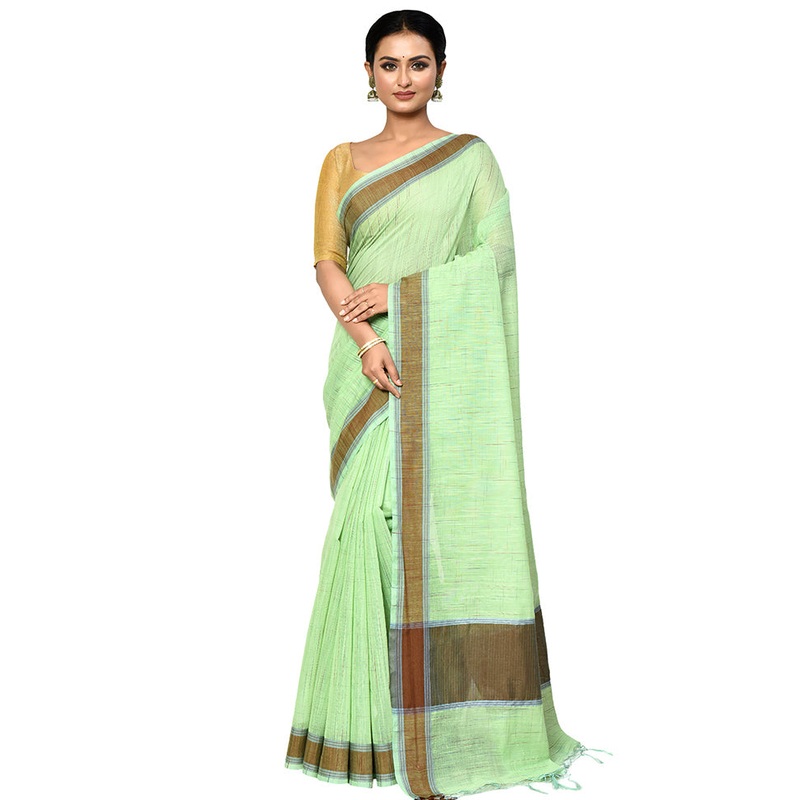 Green Cotton Saree With Blouse Piece - JD986578892