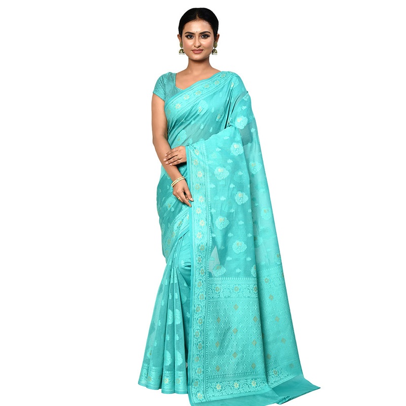 Green Cotton Saree With Blouse Piece - JD986578893