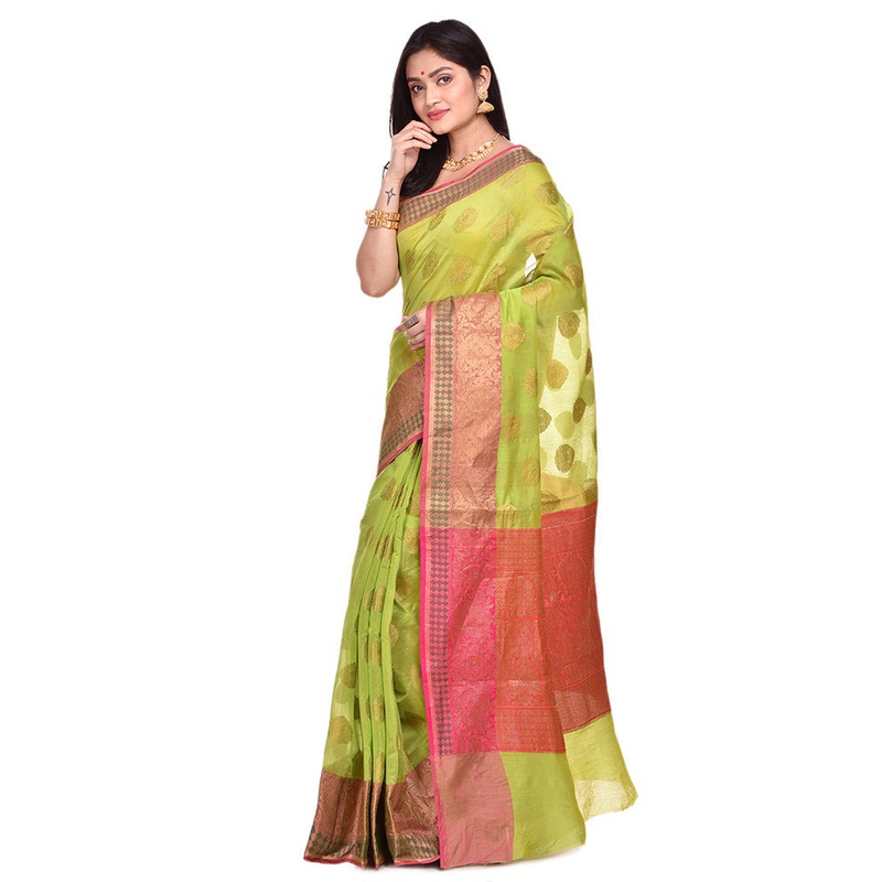 Green Cotton Saree With Blouse Piece - JD986578894