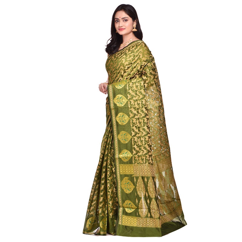 Green Cotton Saree With Blouse Piece - JD986578895