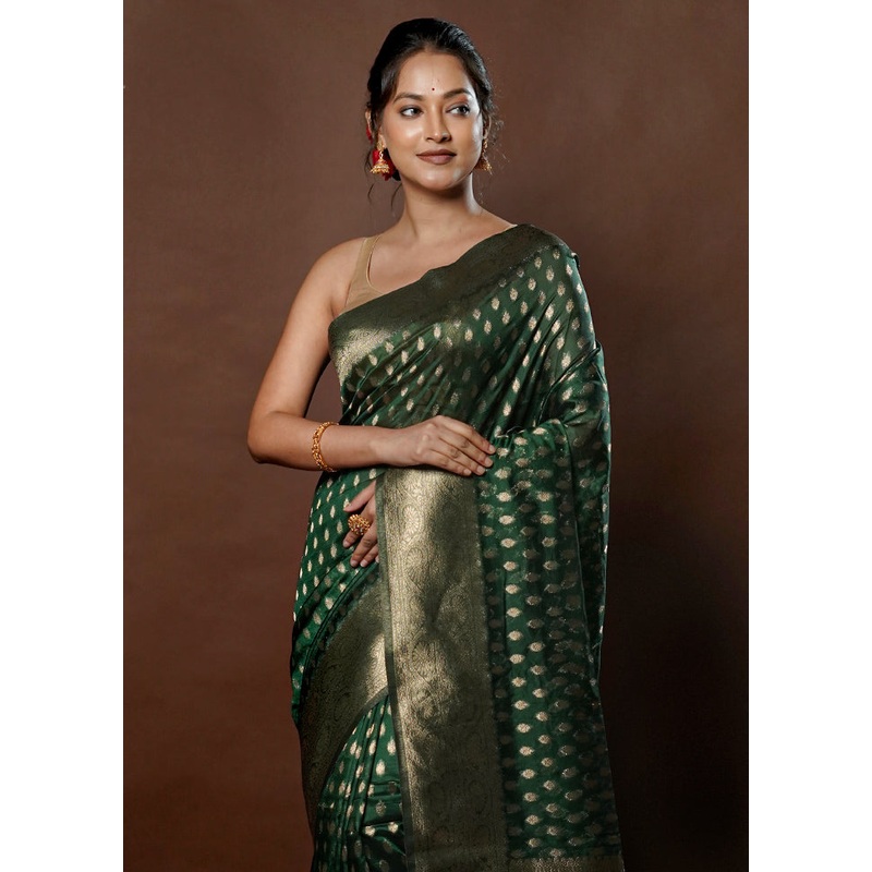Green Dupion Silk Saree With Blouse Piece - JD986578771