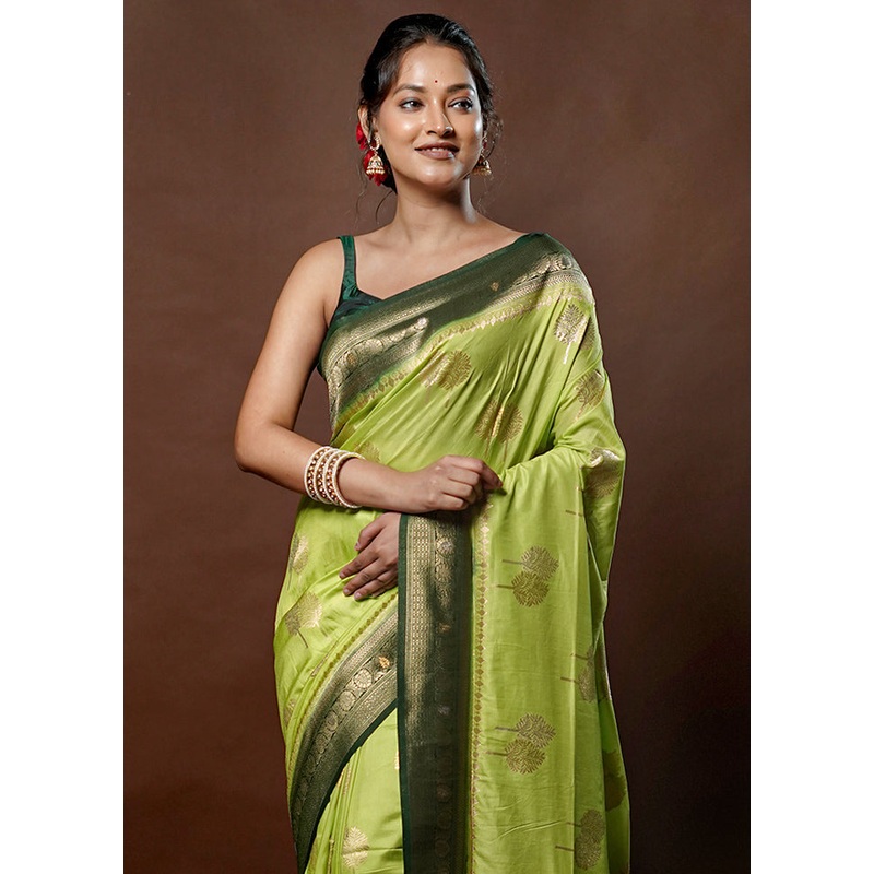 Green Dupion Silk Saree With Blouse Piece - JD986578772
