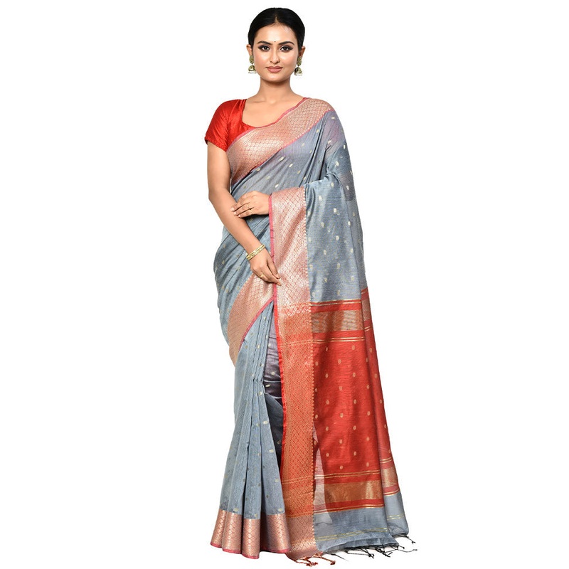 Grey Cotton Saree With Blouse Piece - JD986578881