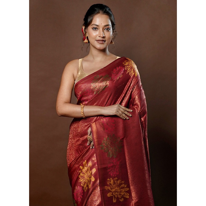 Maroon Dupion Silk Saree With Blouse Piece - JD986578769