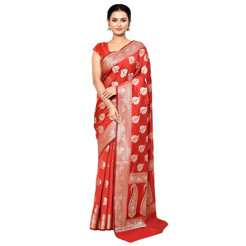 Red Dupion Silk Saree With Blouse Piece - JD986578854