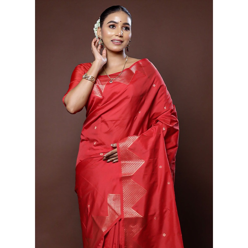 Red Kanjivaram Silk Saree With Blouse Piece - JD986578763