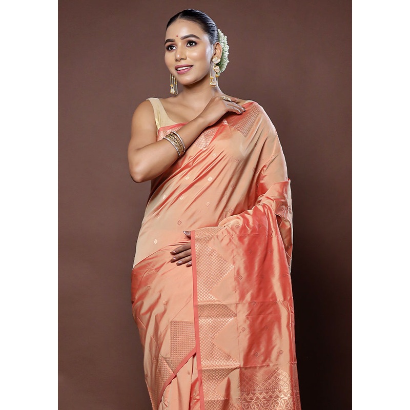 Rust Kanjivaram Silk Saree With Blouse Piece - JD986578762