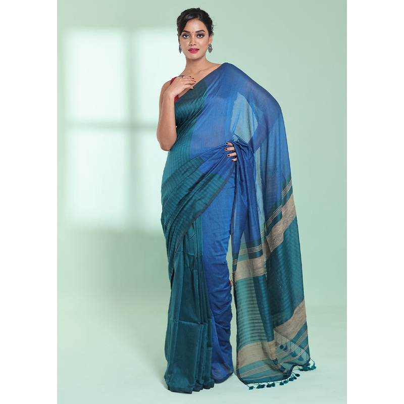 Teal Cotton Saree With Blouse Piece - JD986578922