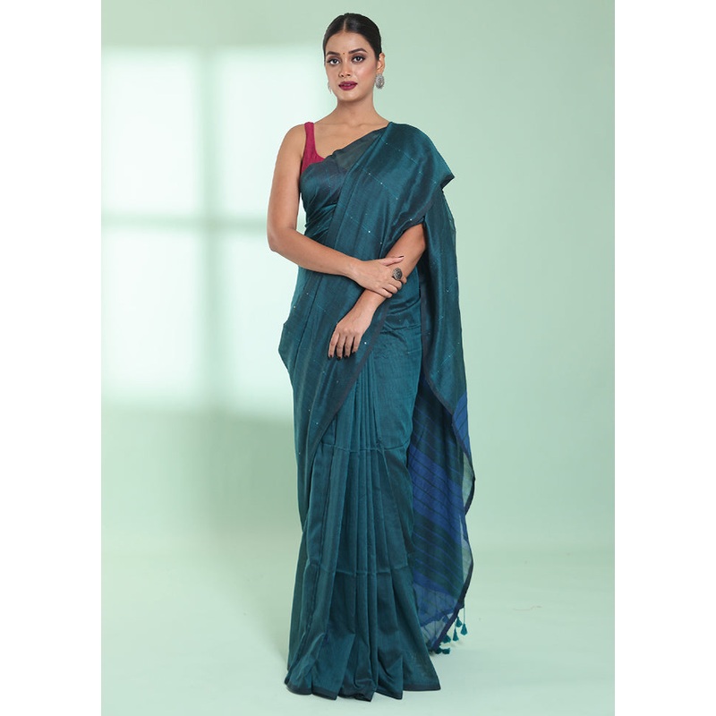 Teal Cotton Saree With Blouse Piece - JD986578923