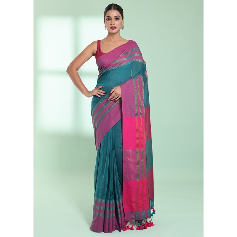 Teal Cotton Saree With Blouse Piece - JD986578924