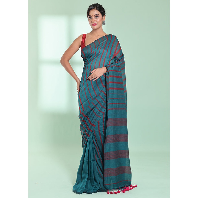 Teal Cotton Saree With Blouse Piece - JD986578925