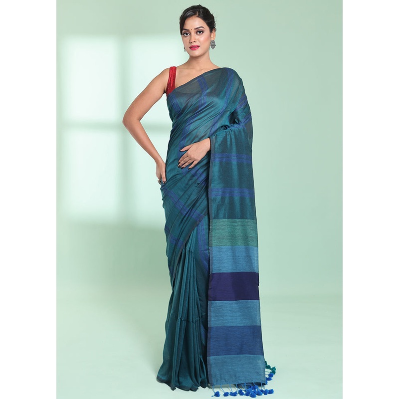 Teal Cotton Saree With Blouse Piece - JD986578926