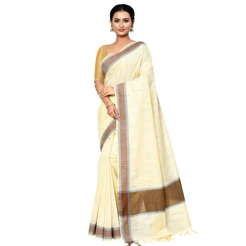 White Cotton Saree With Blouse Piece - JD986578904