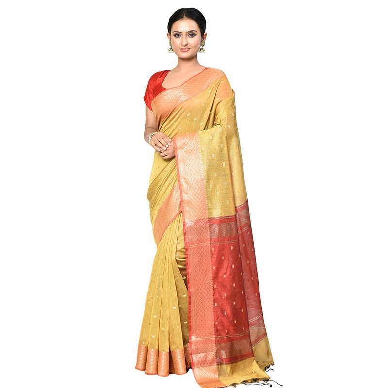Yellow Cotton Saree With Blouse Piece - JD986578902