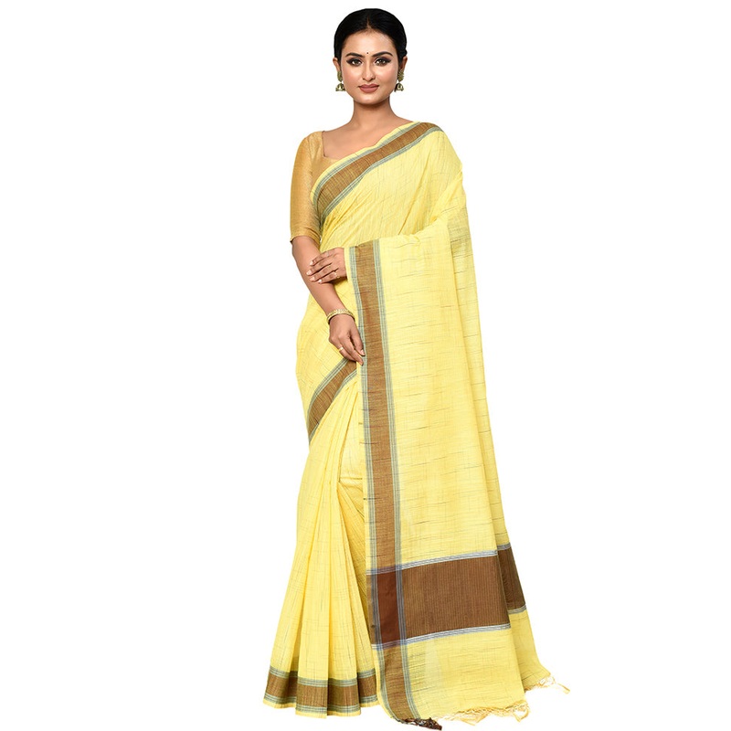 Yellow Cotton Saree With Blouse Piece - JD986578903
